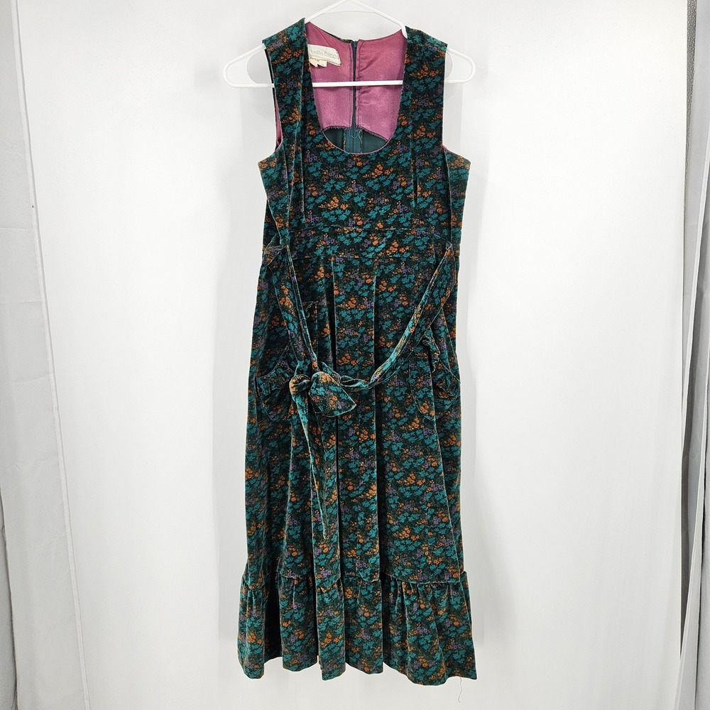 VTG 70s Belle Floral Velvet France Dress Green Orange Cottagecore Trad wife 10